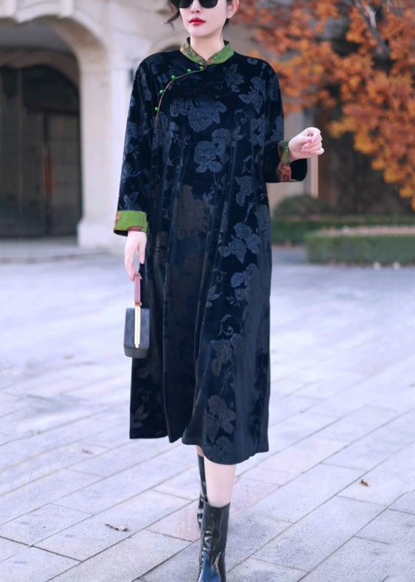 Elegant Black Stand Collar Print Silk Velvet Long Dress Winter Discount - Image 2