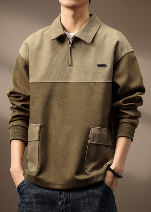 Vintage Olive Green Zip Up Pockets Patchwork Cotton Mens Sweatshirt Spring Hot on Sale