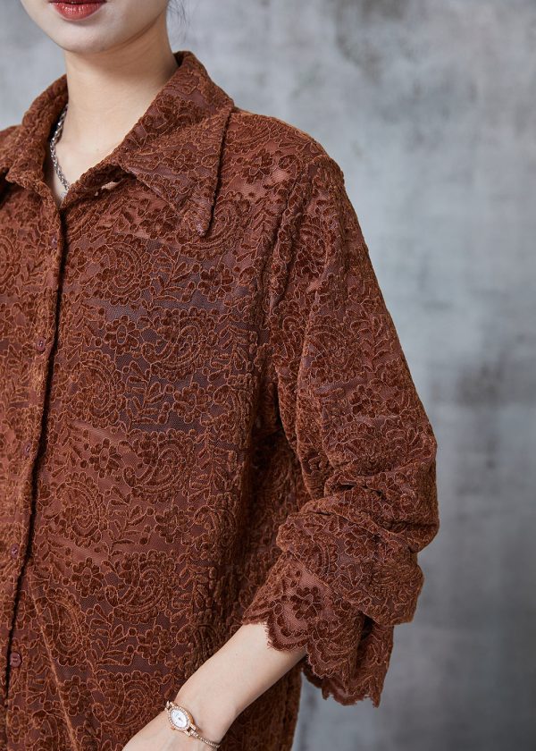 Beautiful Caramel Embroidered Lace Shirt Tops Spring on Sale - Image 5