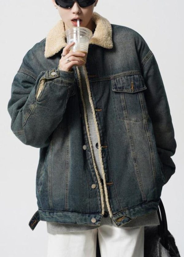 Vintage Denim Blue Peter Pan Collar Pockets Warm Fleece Mens Parka Winter Cheap - Image 3