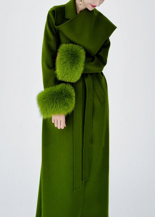 Boutique Green Tie Waist Patchwork Wool Coats Spring Hot on Sale - Image 4