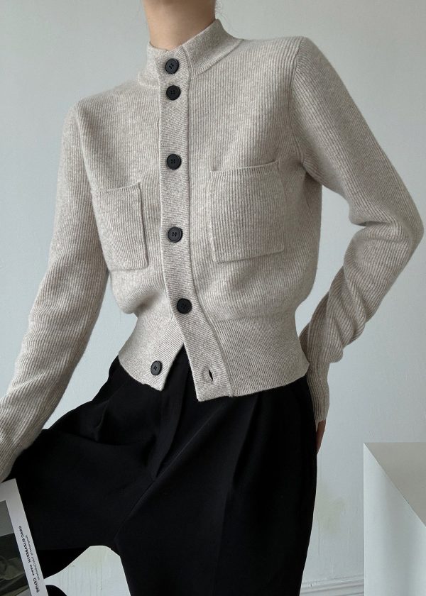 Italian Light Grey Stand Collar Button Wool Cardigans Spring Supply