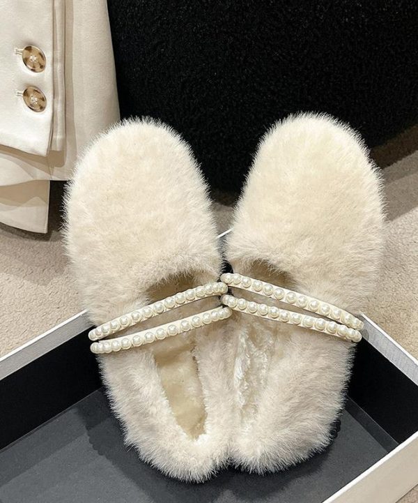 Stylish Beige Fuzzy fur Nail Bead Splicing Flat Feet Shoes Hot on Sale - Image 4