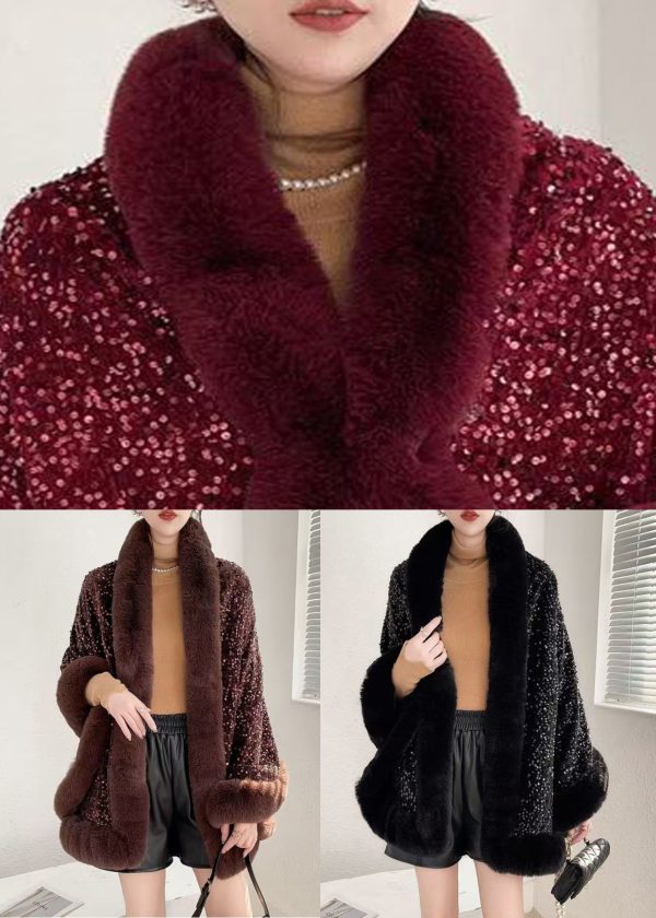 Black Sequins Patchwork Warm Fleece Cape Coat Fur Collar Winter For Cheap - Image 5