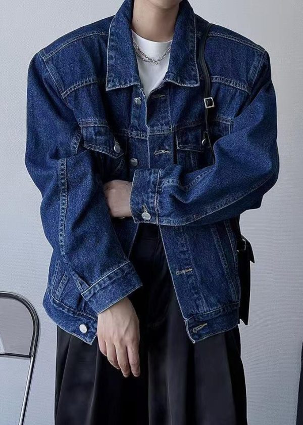 Simple Navy Peter Pan Collar Button Denim Mens Coats Spring Discount