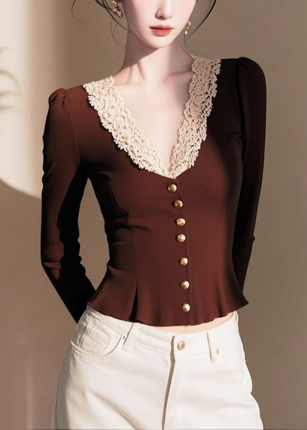 Fashion Coffee V Neck Lace Patchwork Cotton Knit Sweater Spring Online