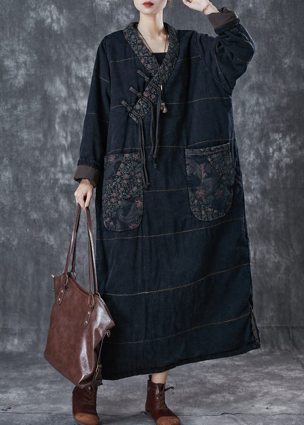 Art Black Chinese Button Patchwork Pockets Cotton Filled Dress Winter For Cheap - Image 2