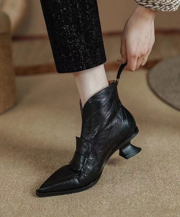 Black Boots Kitten Sheepskin French Splicing Pointed Toe Sale