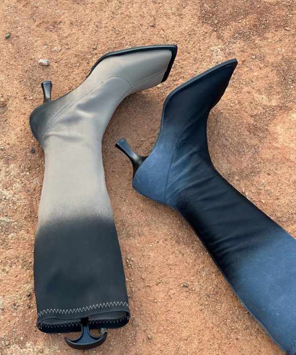 Grey Gradient Faux Leather Splicing Original Design High Heels Boots Sale - Image 4