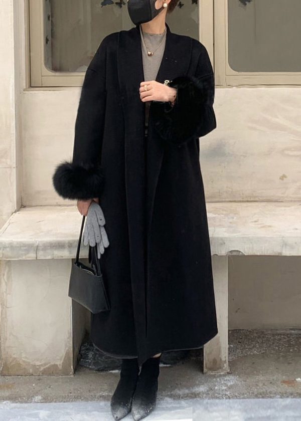 Fashion Grey Fox Fur Patchwork Woolen Duster Coat Winter For Cheap - Image 2