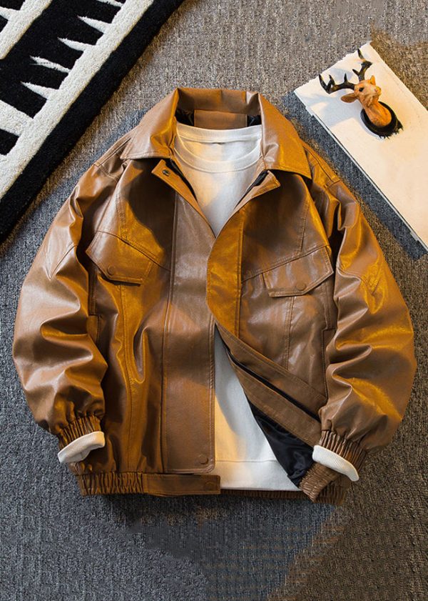 Original Brown Peter Pan Collar Solid Faux Leather Mens Coats Spring For Cheap