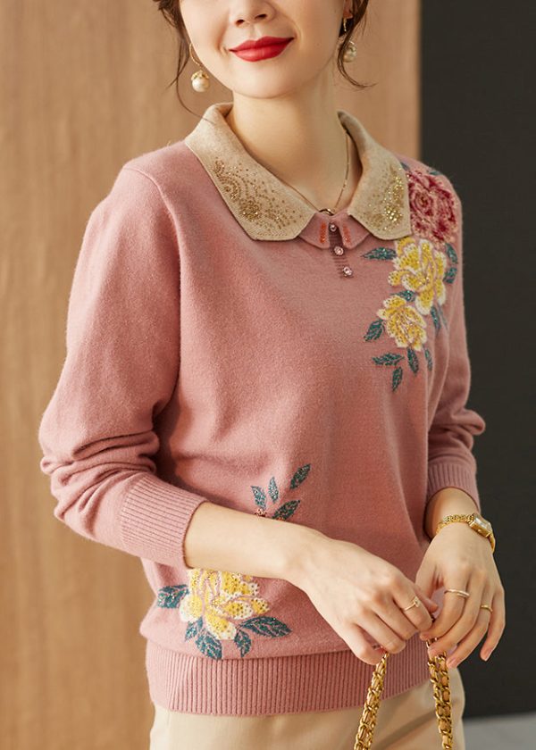 Boutique Pink Peter Pan Collar Zircon Floral Knit Sweaters Spring Sale - Image 4