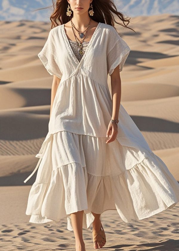 Stylish White V Neck Patchwork Exra Large Hem Cotton Maxi Dresses Summer Online now - Image 3