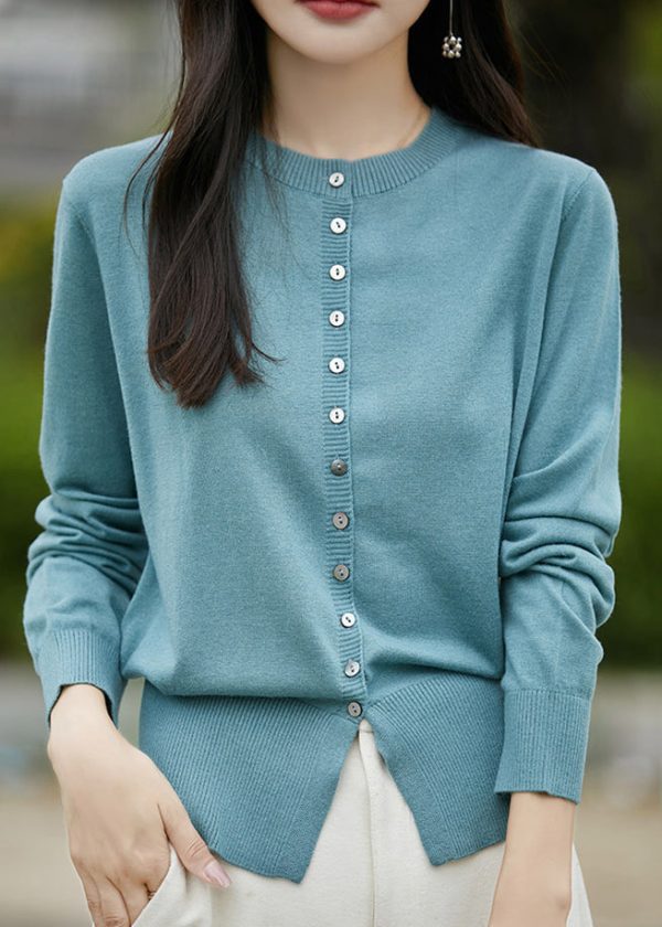 Simple Blue O Neck Button Solid Woolen Coat Spring For Sale - Image 3