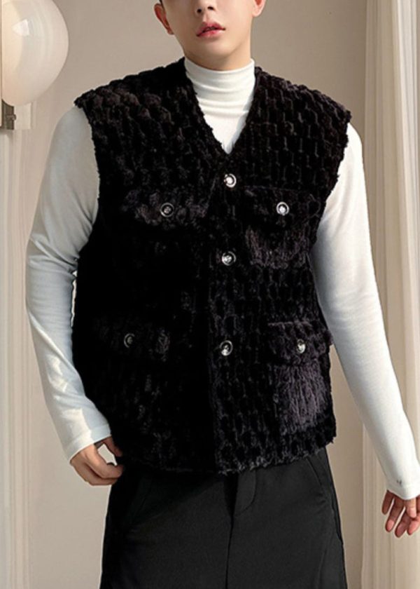 Classy Black V Neck Pockets Velour Men Waistcoat Sleeveless Discount - Image 3