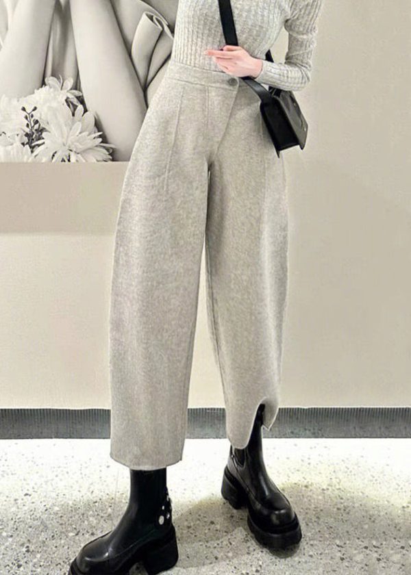 Simple Grey Button High Waist Woolen Crop Pants Winter Online now - Image 4