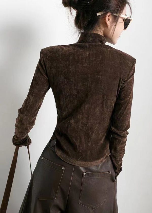 Style Brown Stand Collar Side Open Velour Tops Spring Online now - Image 5