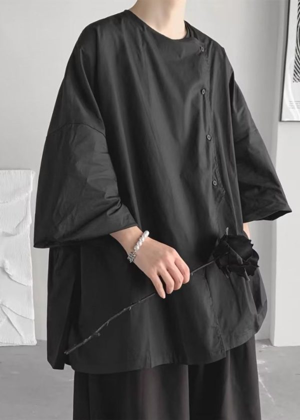 Bohemian Black Asymmetrical Oversized Cotton Shirts Spring Discount
