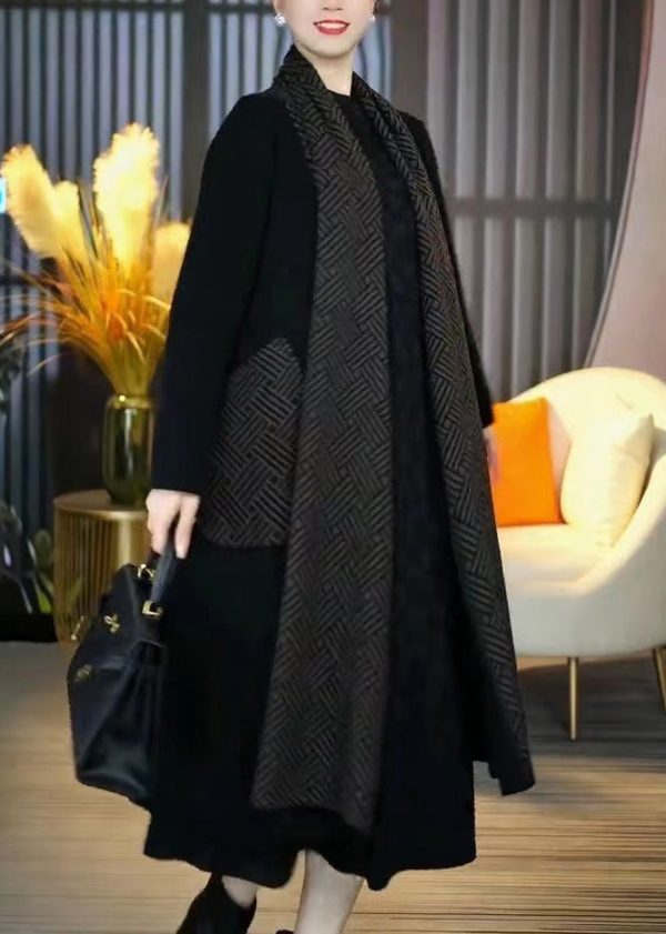 French Black Pockets Patchwork Knit Long Cardigans Winter For Sale
