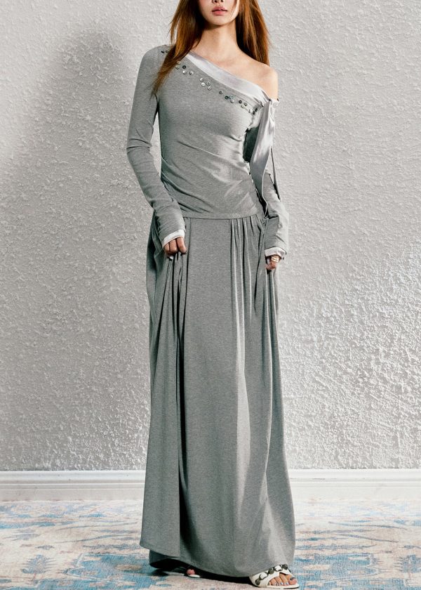 Original Grey Cold Shoulder Lace Up Patchwork Cotton Long Dress Spring Sale - Image 4