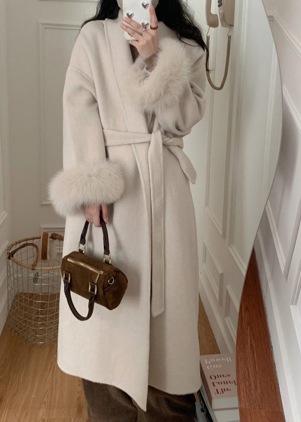 Fashion Grey Fox Fur Patchwork Woolen Duster Coat Winter For Cheap - Image 3
