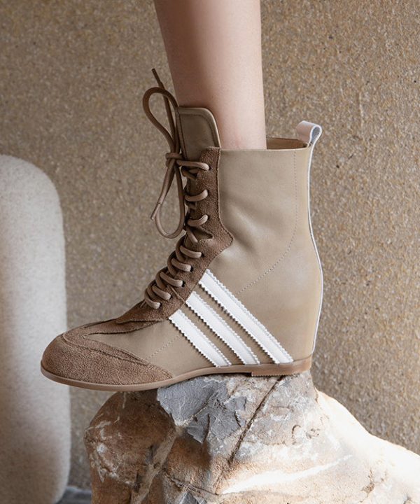 Stylish Black Cowhide Leather Splicing Wedge Boots Cross Strap Cheap - Image 3