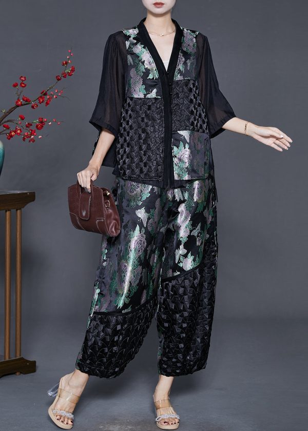 Beautiful Black Oversized Patchwork Silk Two Pieces Set Summer on Sale - Image 2
