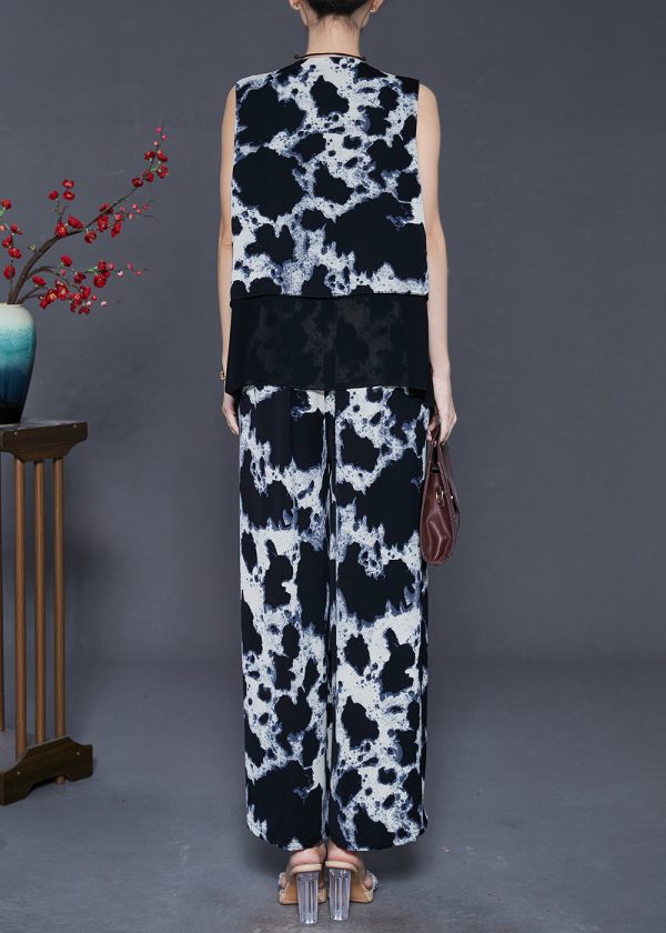 Boutique Black Print Patchwork Chiffon Two Piece Suit Set Summer Online now - Image 4