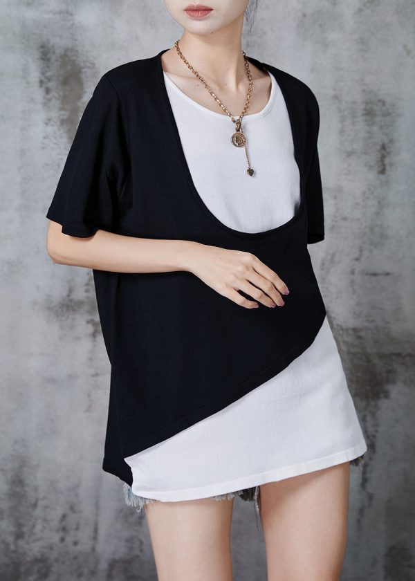 Black Cotton Fake Two Piece Tanks Asymmetrical Design Summer Discount - Image 2