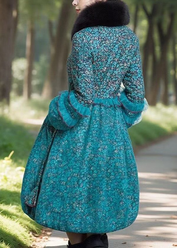 Bohemian Blue Print Ruffled Patchwork Fine Cotton Filled Coat Winter Cheap