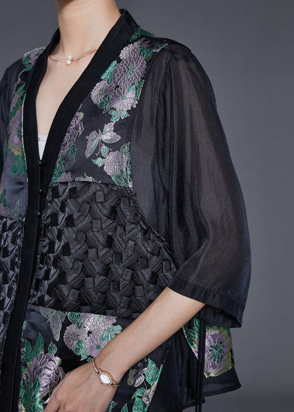 Beautiful Black Oversized Patchwork Silk Two Pieces Set Summer on Sale - Image 5