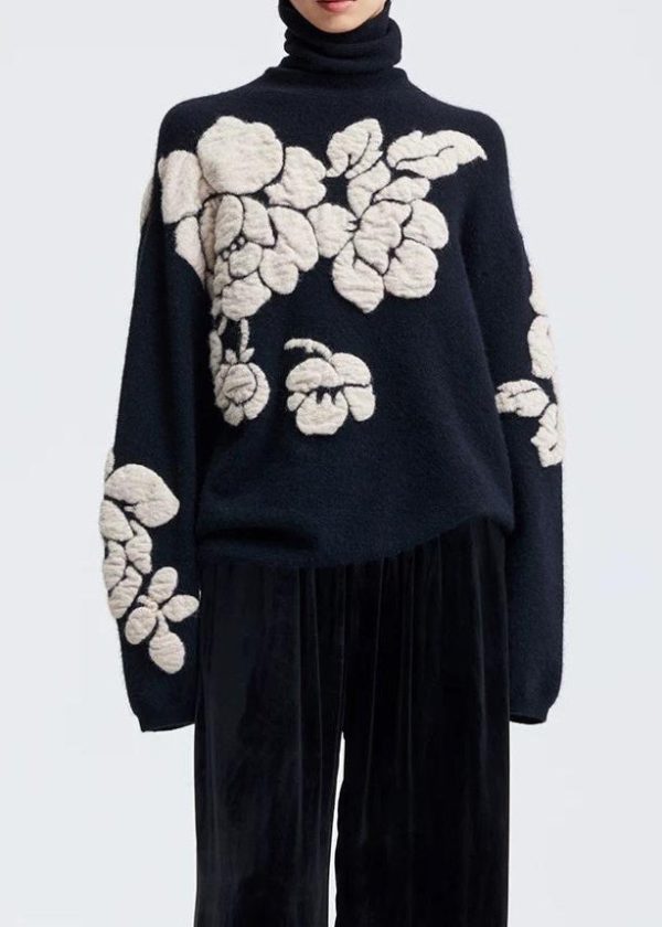 Jacquard Black Turtleneck Floral Wool Knit Sweaters Winter For Cheap - Image 2