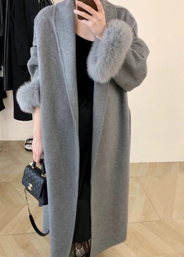 Fashion Grey Fox Fur Patchwork Woolen Duster Coat Winter For Cheap
