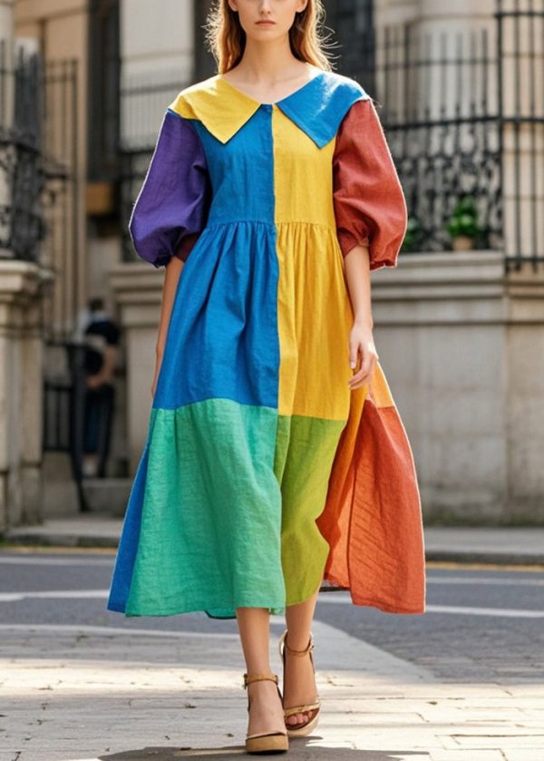 DIY Colorblock Patchwork Cotton Dress Oversized Half Sleeve For Discount - Image 5
