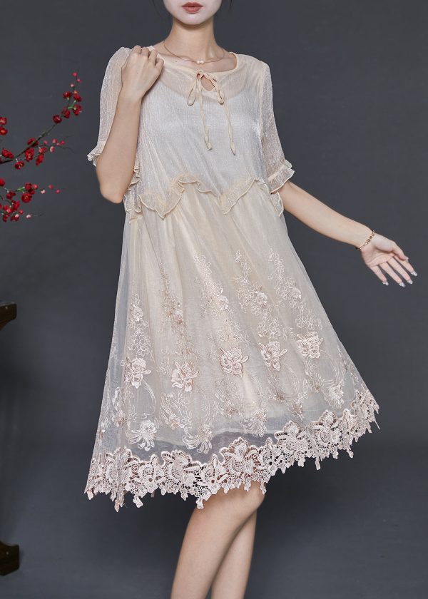 Stylish Beige Embroidered Patchwork Silk Party Dresses Summer Cheap - Image 3