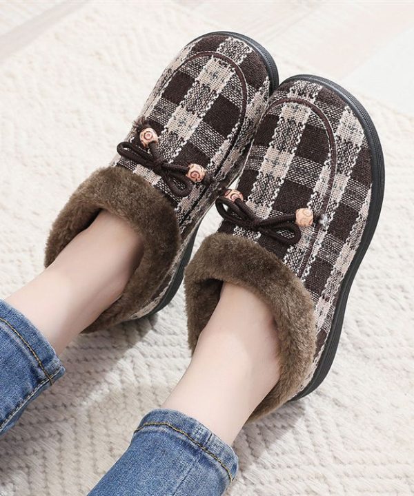 New Black Plaid Women Splicing Flats Fuzzy Wool Lined Discount - Image 5
