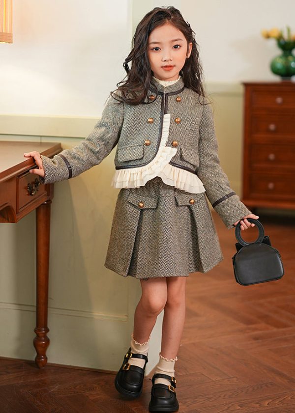 Elegant Grey Ruffled Patchwork Button Thick Kids Coat And Skirts Two Piece Set Spring Online now - Image 2