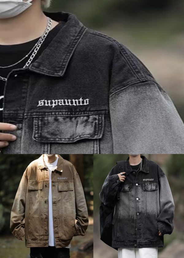 Brown Embroideried Button Denim Men Coat Peter Pan Collar Spring Cheap - Image 5