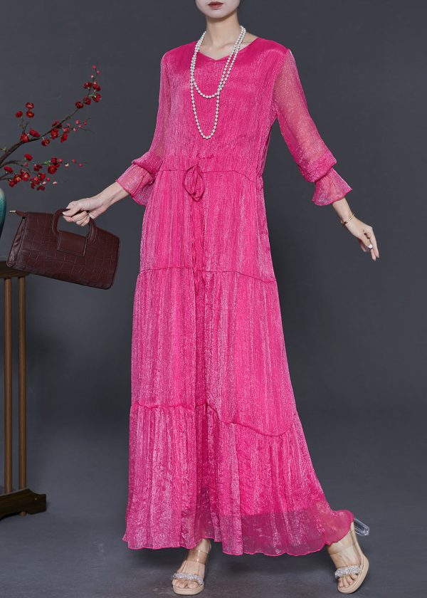 Stylish Rose Cinched Chiffon Long Dress Spring For Discount - Image 3