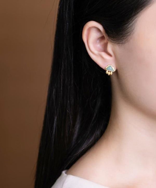 Vogue Green Sterling Silver Overgild Jade Cloud Water Drop Stud Earrings Fashion - Image 2
