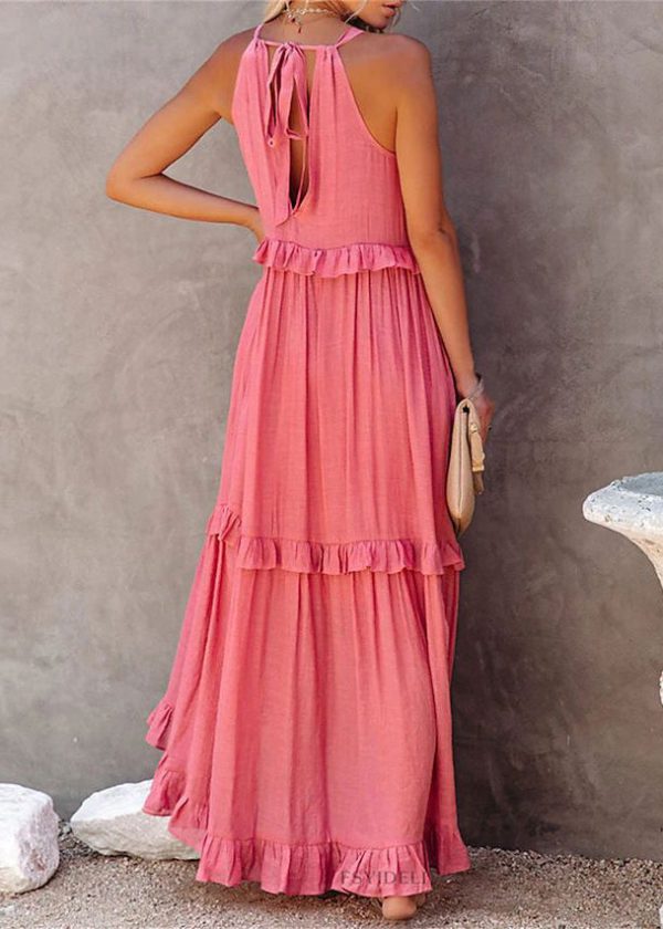 New Pink Ruffled Lace Up Cotton Long Dresses Sleeveless on Sale - Image 5