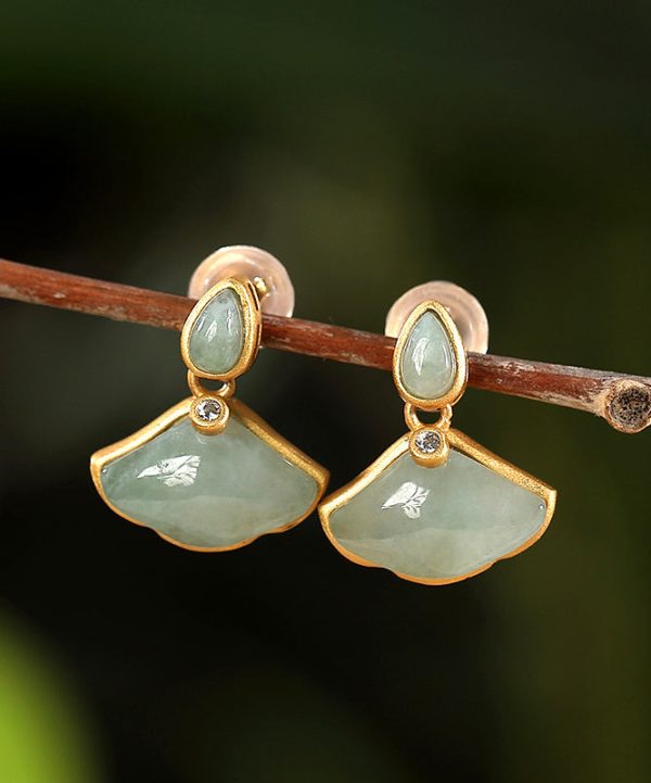 Original Design Cyan Sterling Silver Overgild Zircon Jade Ginkgo Leaf Stud Earrings Sale