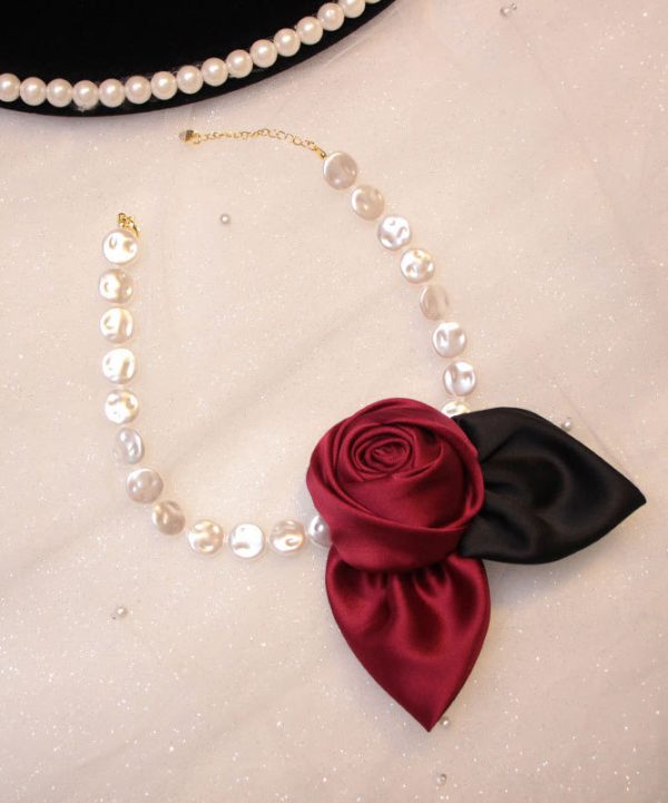 New Red Alloy Pearl Beading Fabric Art Floral Pendant Necklace on Sale
