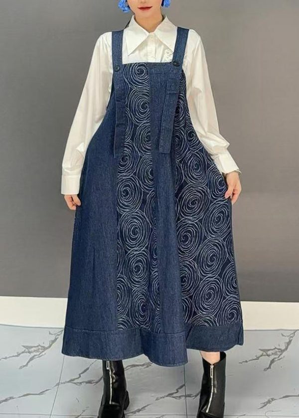 Women Denim Blue Slash Neck Print Long Spaghetti Strap Dress Spring Fashion - Image 3