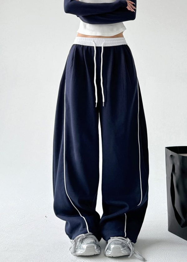 Simple Grey Elastic Waist Drawstring Wide Leg Pants Spring Online Sale - Image 4