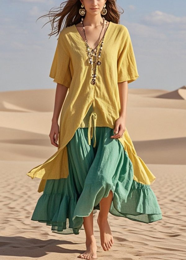 Yellow Patchwork Cotton Holiday Dress Fake Two Piece Summer Sale
