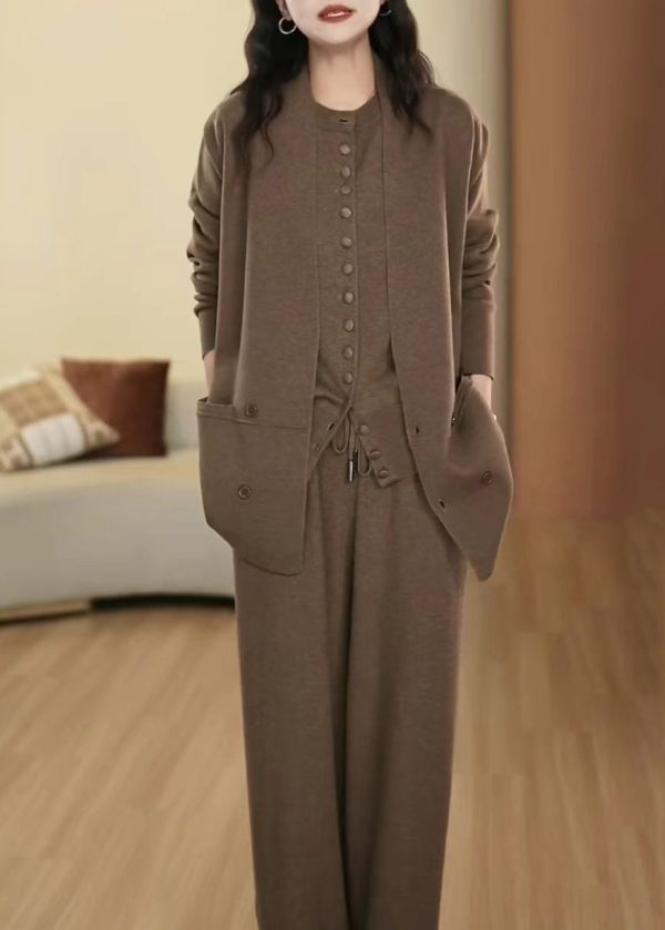 French Coffee Button Pockets Elastic Waist Wool Three Pieces Set Winte For Sale - Image 3
