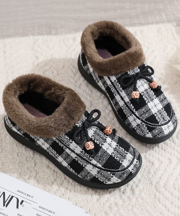 New Black Plaid Women Splicing Flats Fuzzy Wool Lined Discount