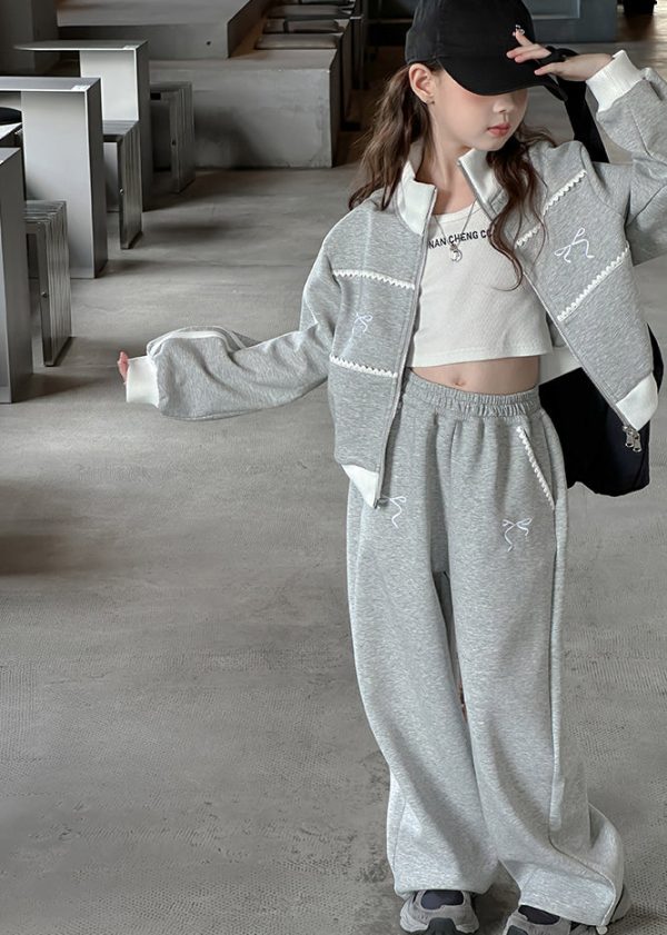 Boutique Grey Stand Collar Patchwork Girls Coats And Wide Leg Pants Two Pieces Sets Spring Online Hot Sale - Image 5