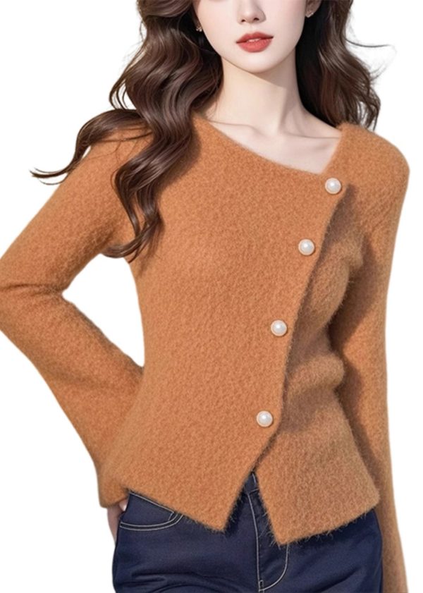 Italian Yellow Asymmetrical Button Cotton Knit Cardigan Spring For Discount - Image 5